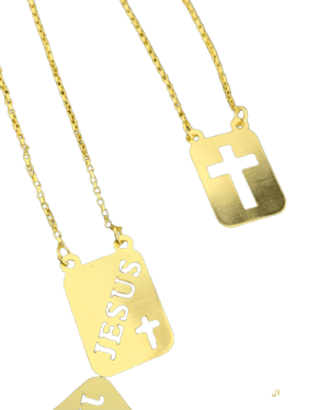Escapulário para revenda e Cruz vazada banhado 60cm x 5,2g x – Joia 18 k – 7 banhos