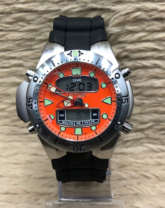 Relógio Citizen Aqualand Funcional Prata, Laranja e Verde – Pulseira de Borracha – À PROVA D’ÁGUA – Cod60