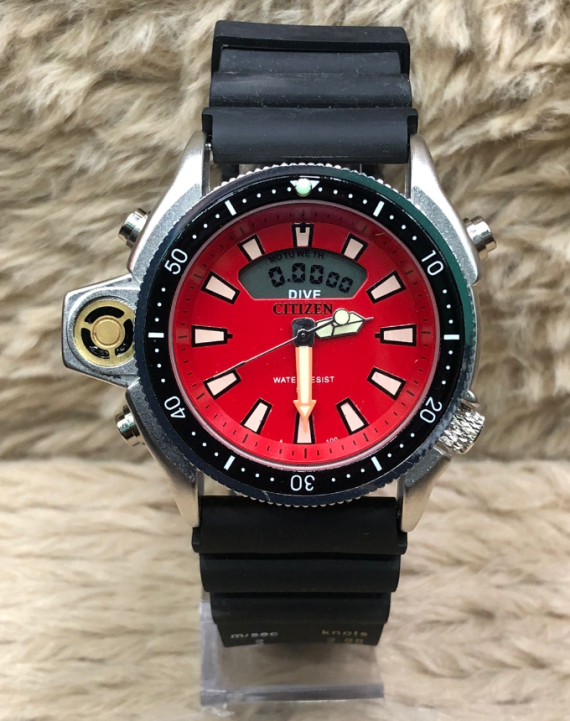 Relógio Citizen Aqualand No Atacado – Prata, Preto e Fundo Vermelho – Pulseira de Borracha – À PROVA D’ÁGUA
