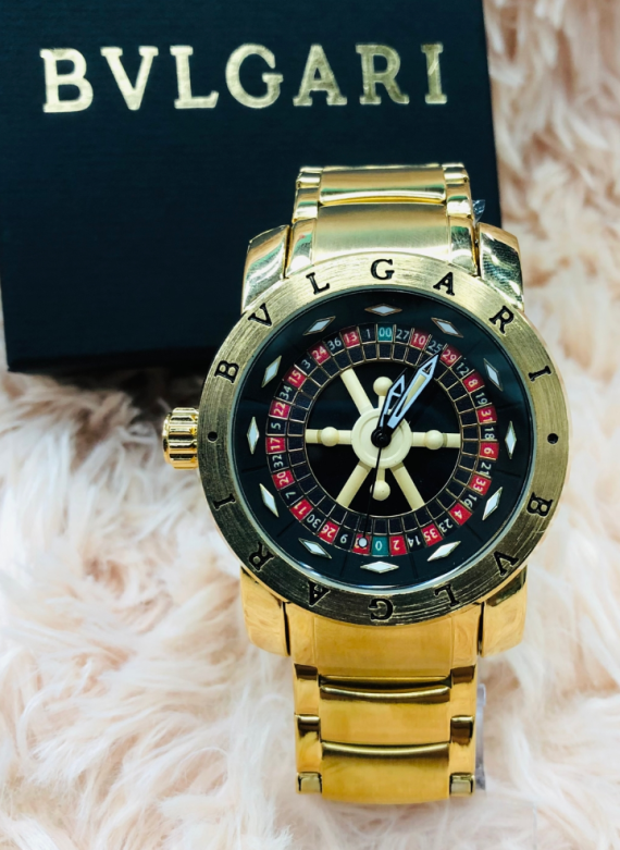 Relógio Masculino Bvlgari Casino Roleta Dourado Fundo Preto e Vermelho (Linha Diamante) À Prova D’Água