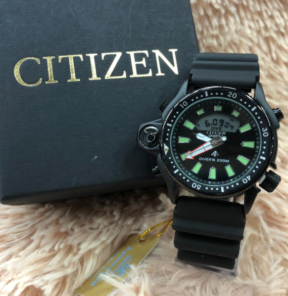 Relógio Citizen Aqualand Black No Atacado – Prata, Preto e Azul – Pulseira de borracha