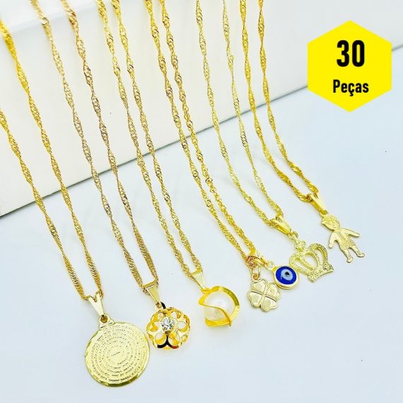 Kit 30 Colar Corrente Feminino Pingente Folheado Biju Atacado Joias